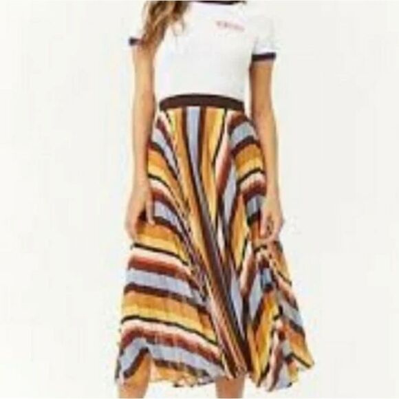 NWT Forever 21 multi color print sheer pleated midi skirt size S - Picture 1 of 7